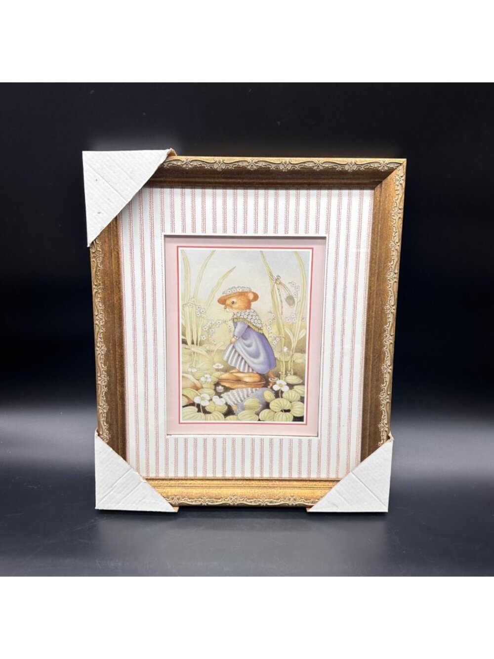 Mouse Dragonfly Wall Hanging Print Ornate Gold Frame Cottage Granny Whimsical